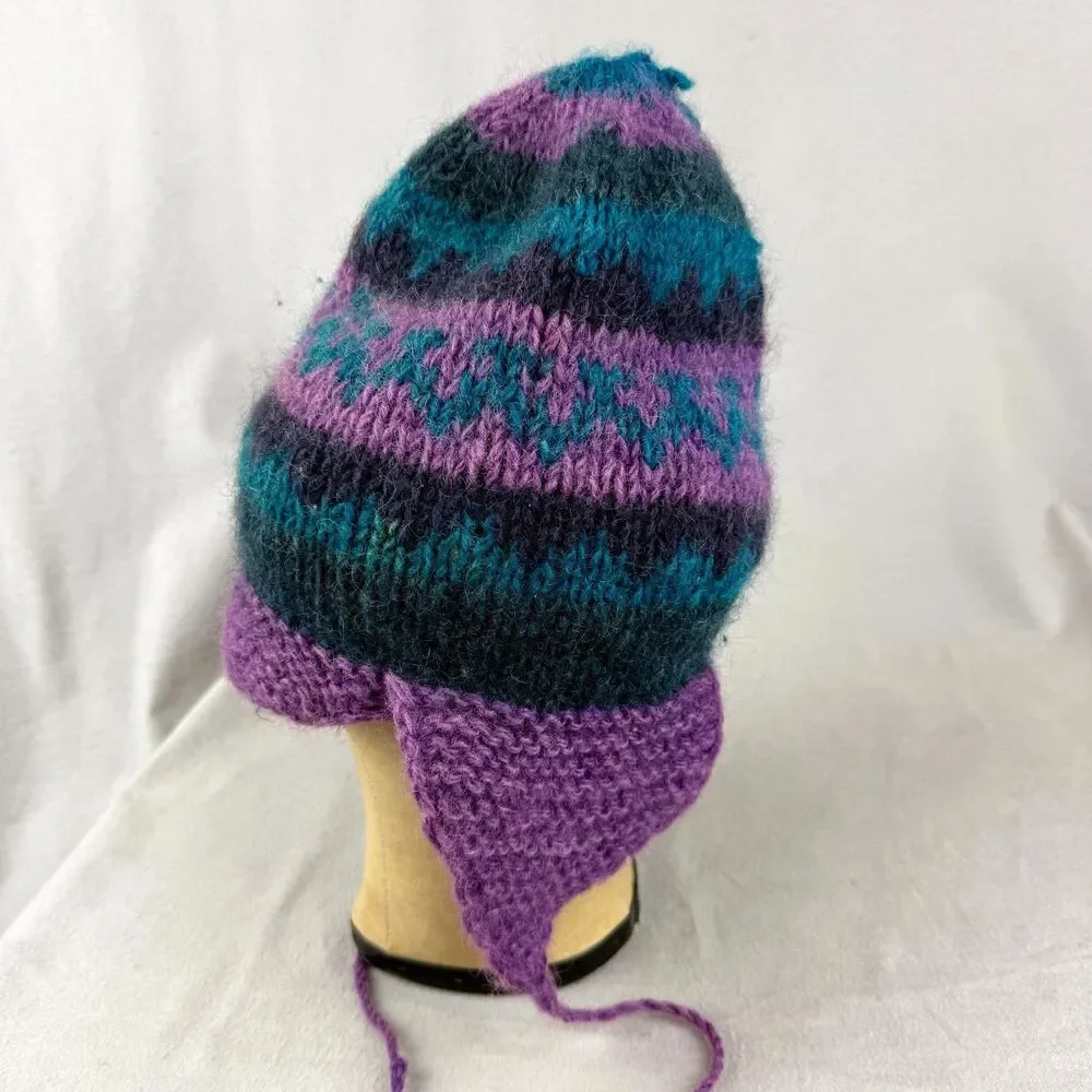 Vtg Mingma Enterprises Nepalese Hat Womens Purple Teal Beanie Boho Wool Earflaps